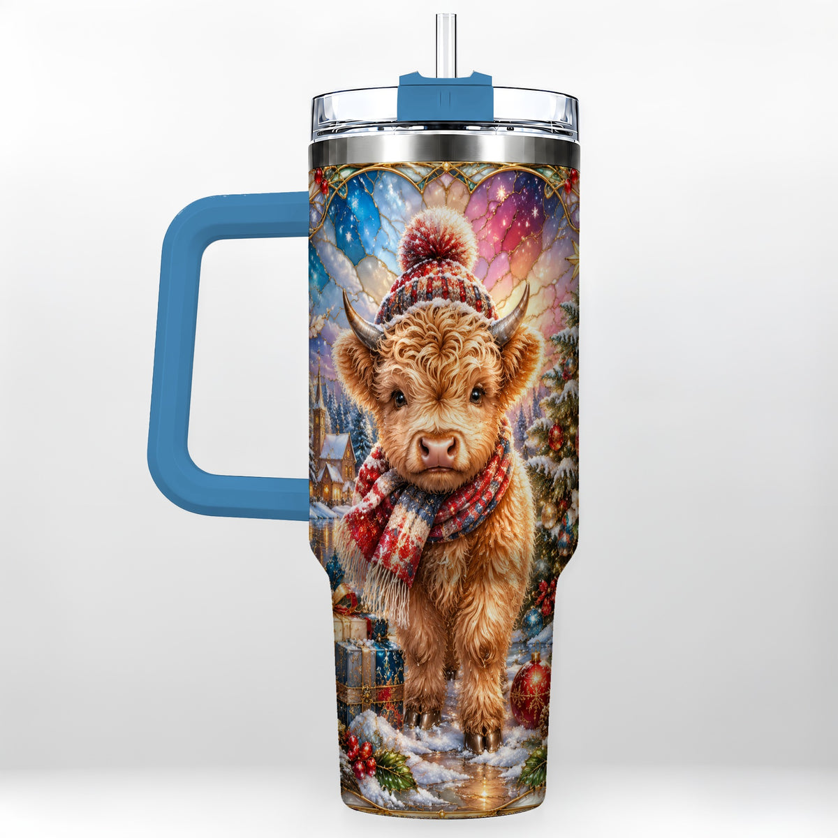 #pl[40oz|Blue] Christmas Highland Cow 40oz Tumbler with Handle, Stained Glass Style