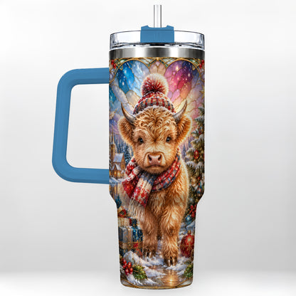 #pl[40oz|Blue] Christmas Highland Cow 40oz Tumbler with Handle, Stained Glass Style