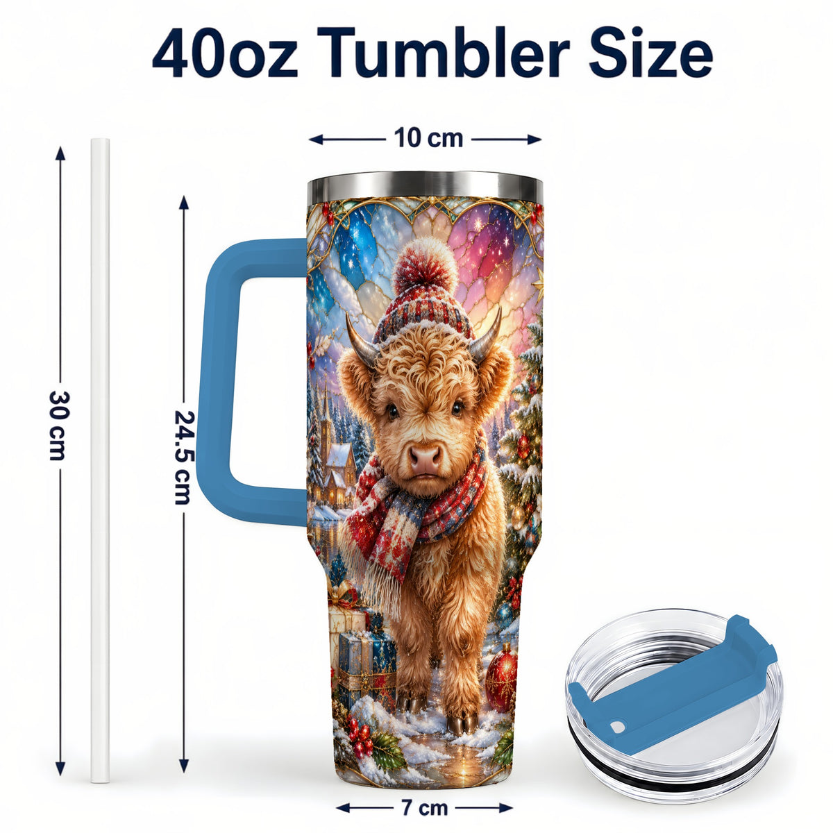 #pl[40oz|Blue] Christmas Highland Cow 40oz Tumbler with Handle, Stained Glass Style