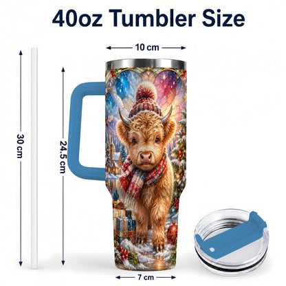 #pl[40oz|Blue] Christmas Highland Cow 40oz Tumbler with Handle, Stained Glass Style