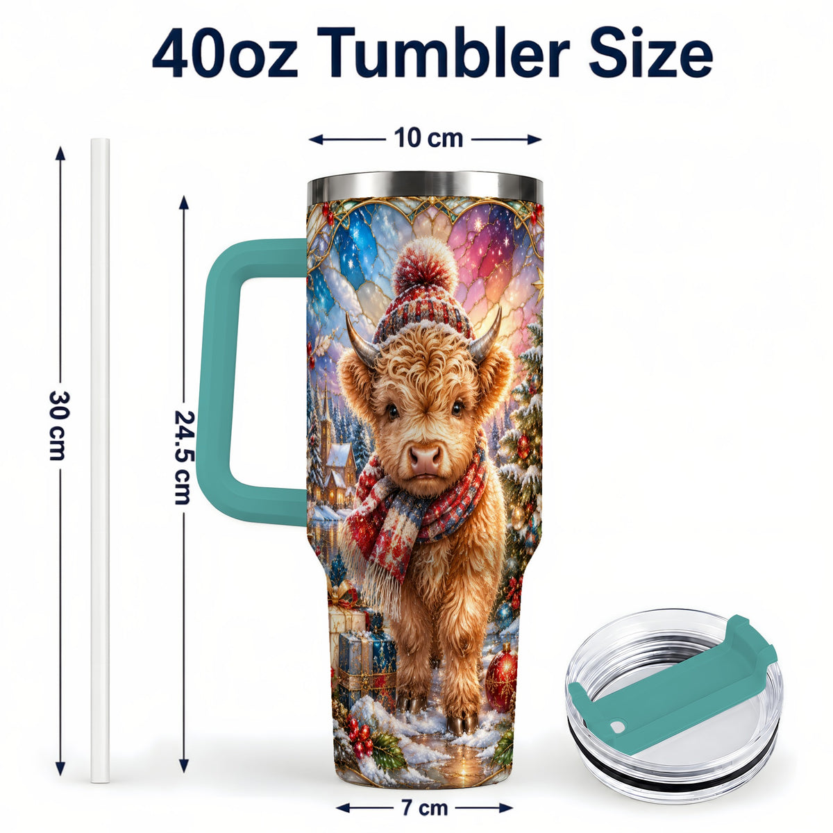 #pl[40oz|Green] Christmas Highland Cow 40oz Tumbler with Handle, Stained Glass Style