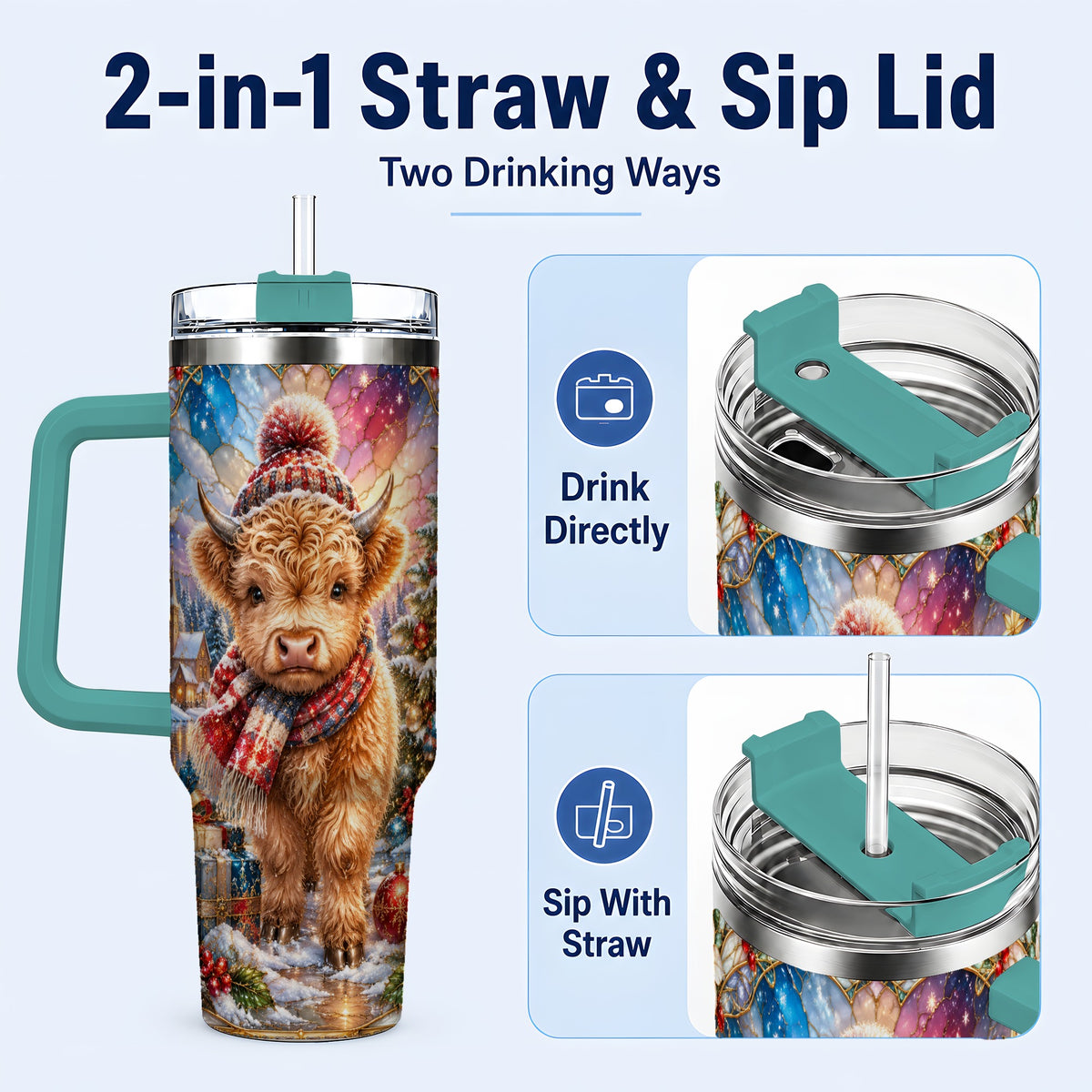 #pl[40oz|Green] Christmas Highland Cow 40oz Tumbler with Handle, Stained Glass Style