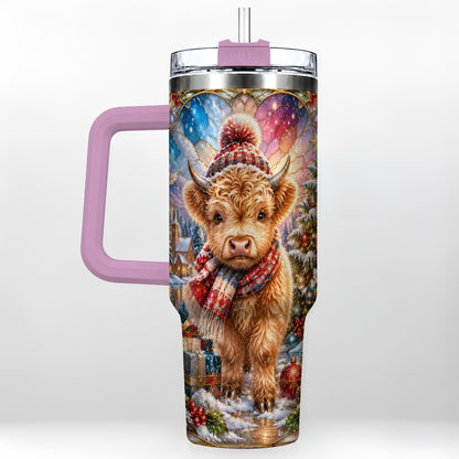 #pl[40oz|Pink] Christmas Highland Cow 40oz Tumbler with Handle, Stained Glass Style