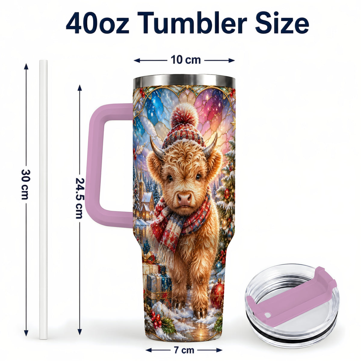 #pl[40oz|Pink] Christmas Highland Cow 40oz Tumbler with Handle, Stained Glass Style