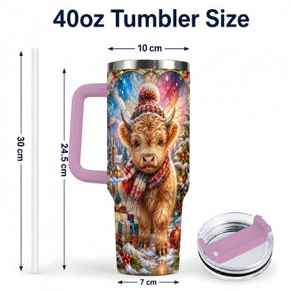 #pl[40oz|Pink] Christmas Highland Cow 40oz Tumbler with Handle, Stained Glass Style