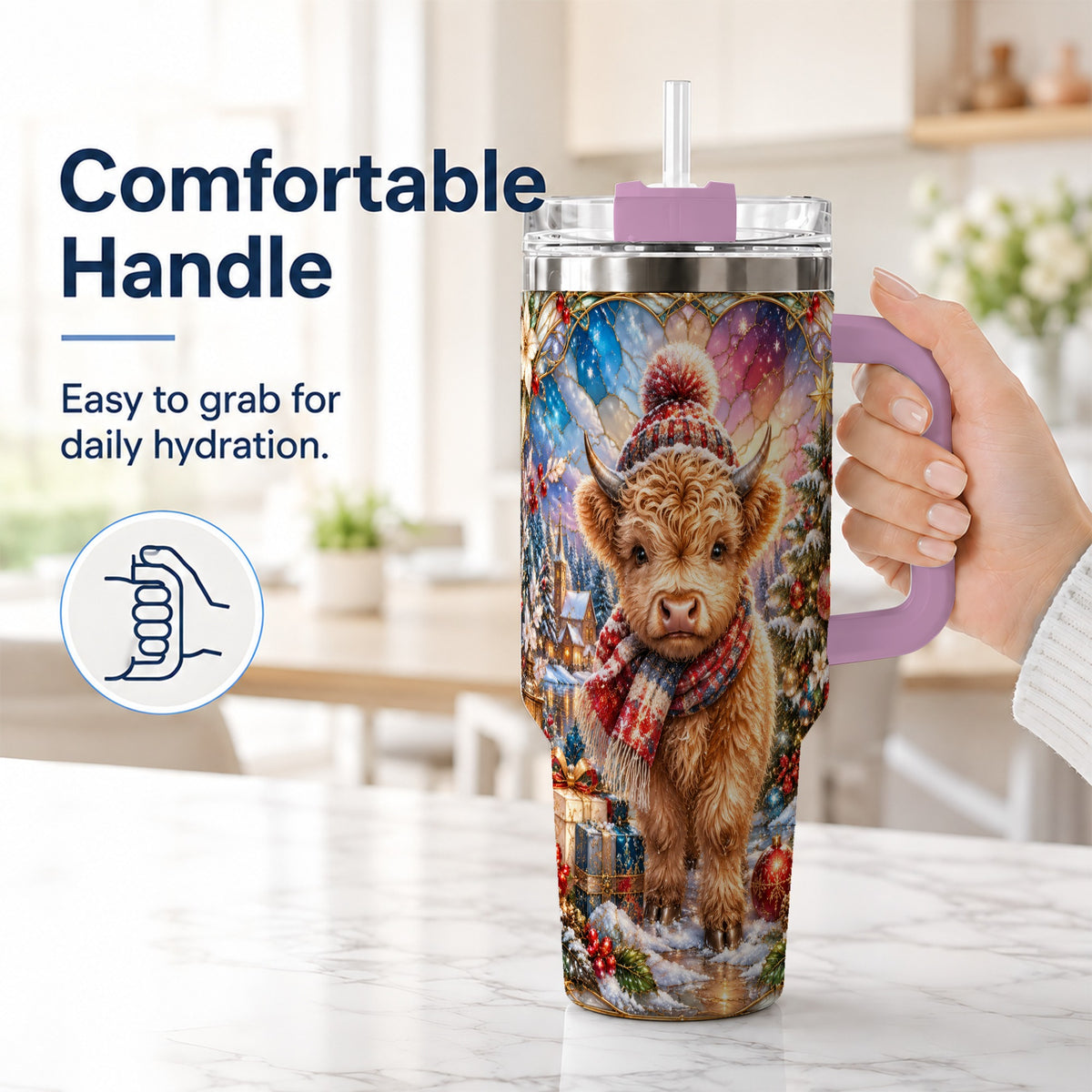 #pl[40oz|Pink] Christmas Highland Cow 40oz Tumbler with Handle, Stained Glass Style