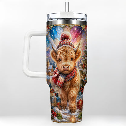 #pl[40oz|White] Christmas Highland Cow 40oz Tumbler with Handle, Stained Glass Style
