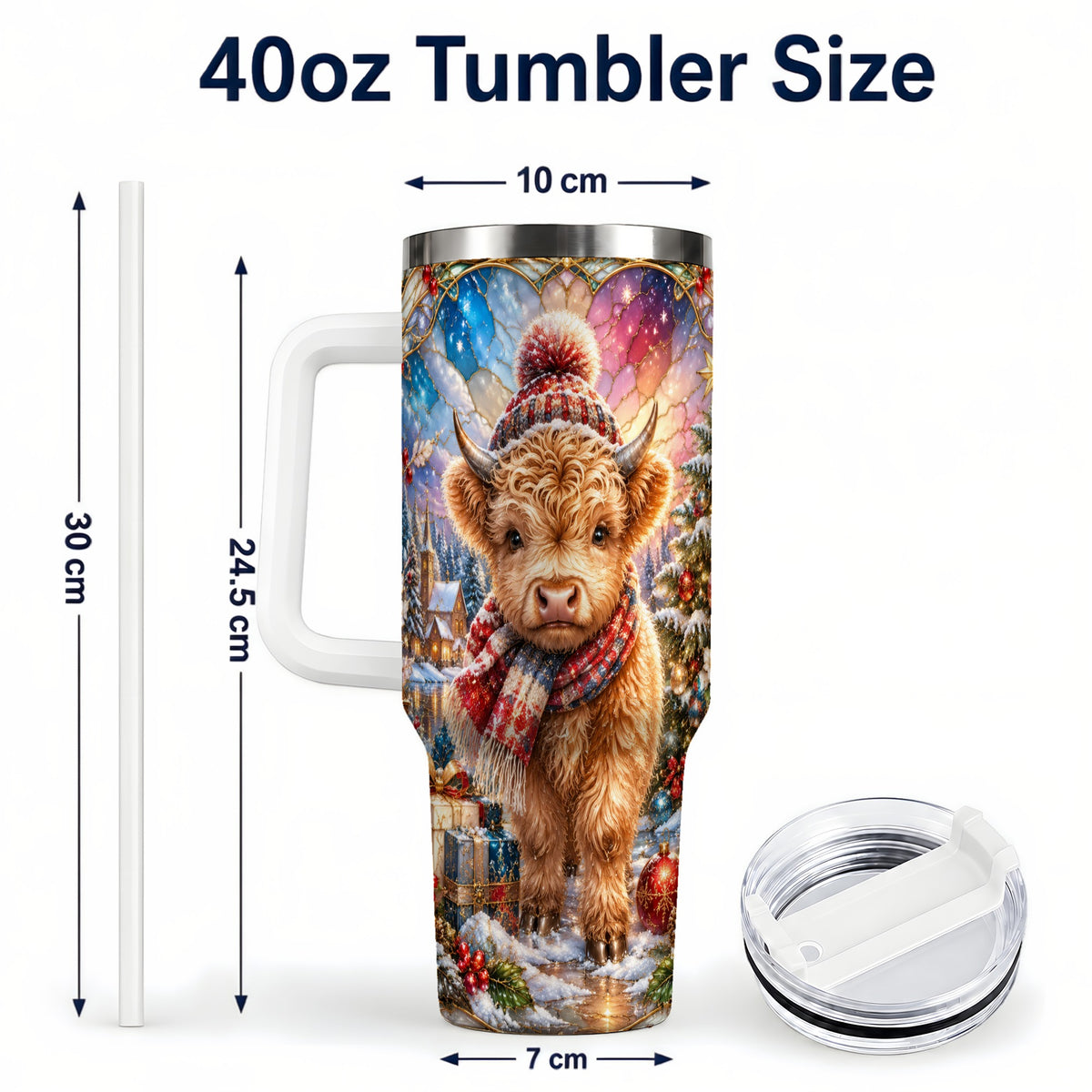 #pl[40oz|White] Christmas Highland Cow 40oz Tumbler with Handle, Stained Glass Style