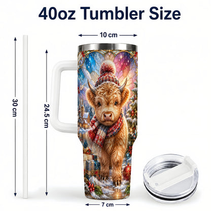 #pl[40oz|White] Christmas Highland Cow 40oz Tumbler with Handle, Stained Glass Style