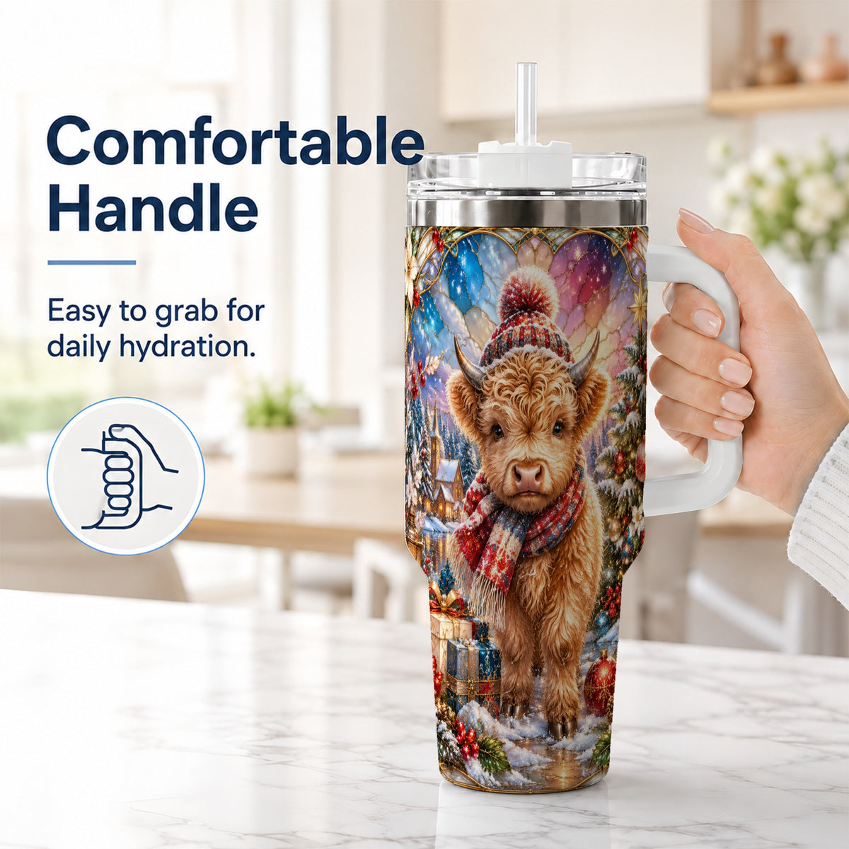 #pl[40oz|White] Christmas Highland Cow 40oz Tumbler with Handle, Stained Glass Style