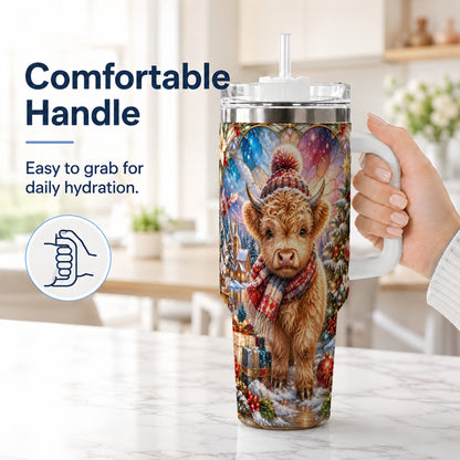 #pl[40oz|White] Christmas Highland Cow 40oz Tumbler with Handle, Stained Glass Style