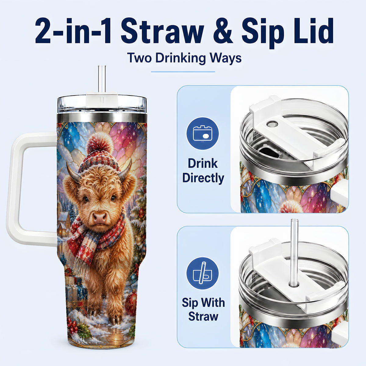 #pl[40oz|White] Christmas Highland Cow 40oz Tumbler with Handle, Stained Glass Style