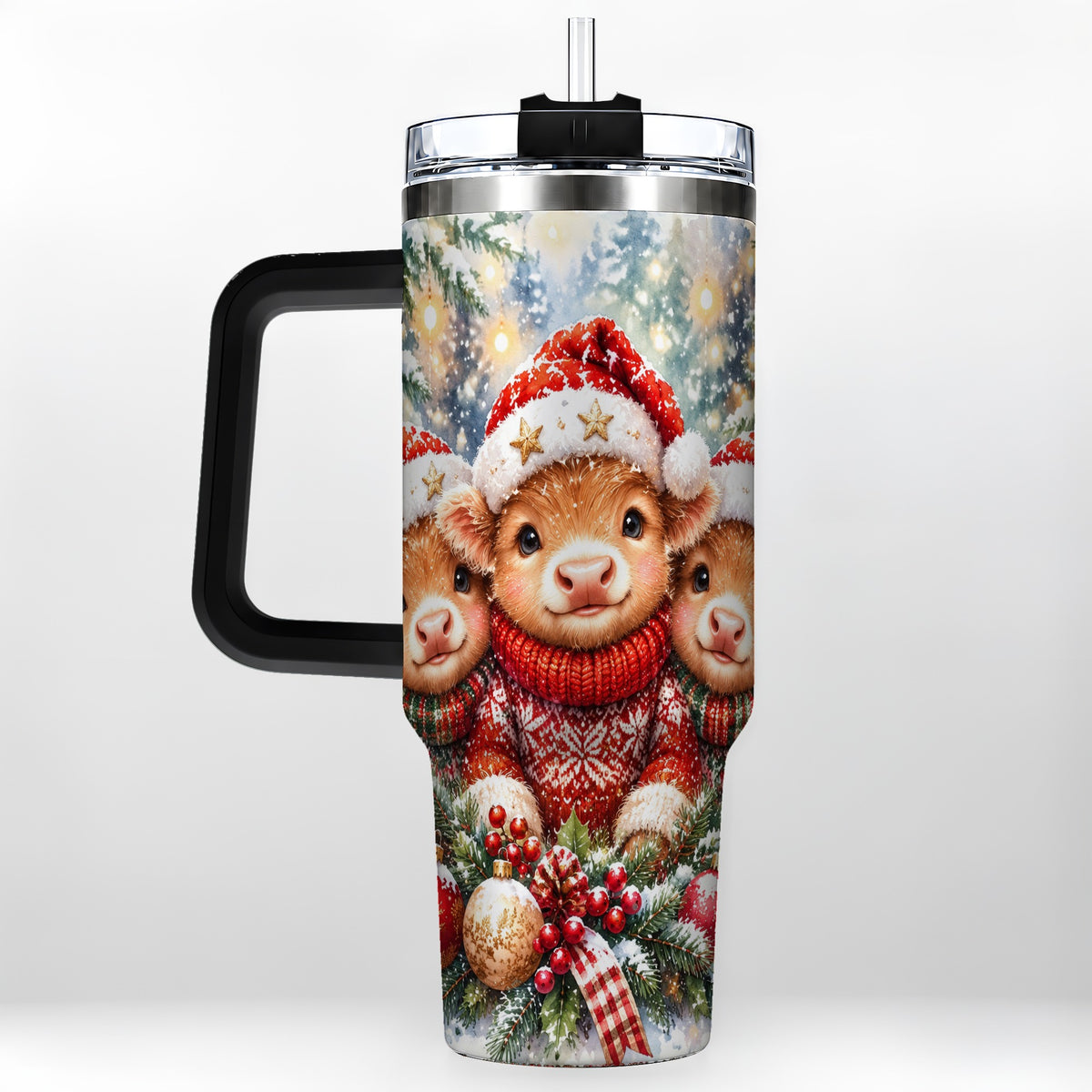 #pl[40oz|Black] Christmas Cow Trio 40oz Tumbler with Handle, Festive Travel Cup