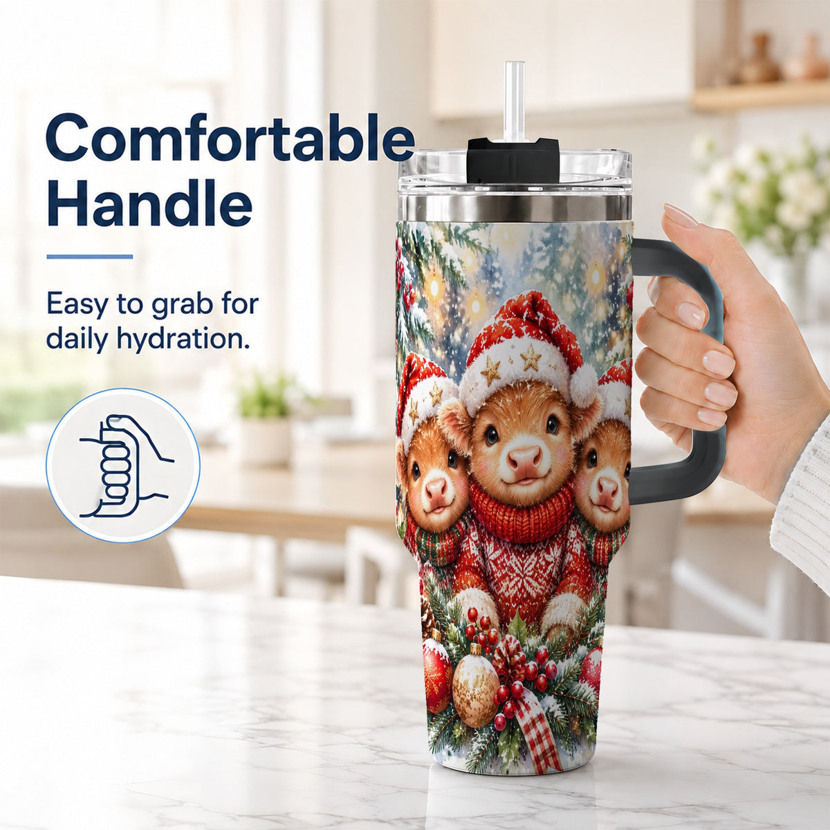 #pl[40oz|Black] Christmas Cow Trio 40oz Tumbler with Handle, Festive Travel Cup