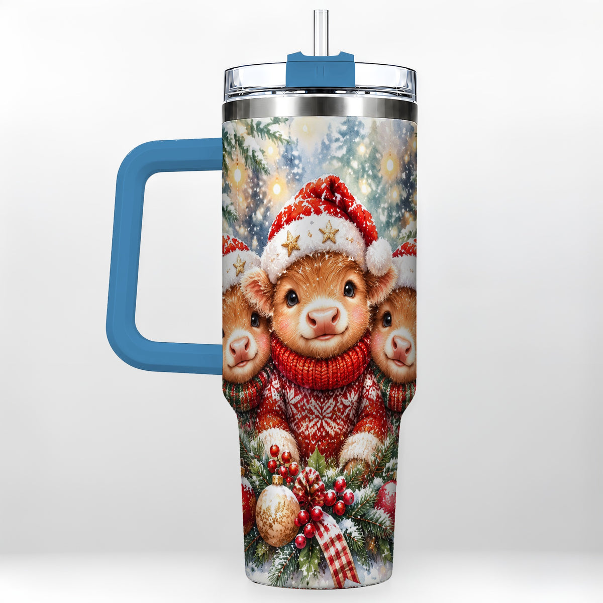 #pl[40oz|Blue] Christmas Cow Trio 40oz Tumbler with Handle, Festive Travel Cup
