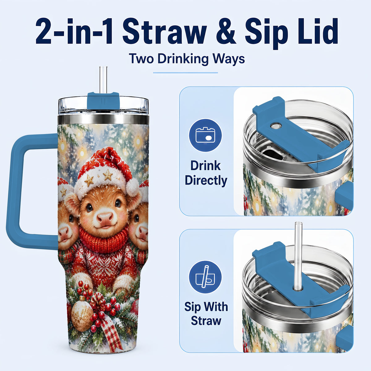 #pl[40oz|Blue] Christmas Cow Trio 40oz Tumbler with Handle, Festive Travel Cup