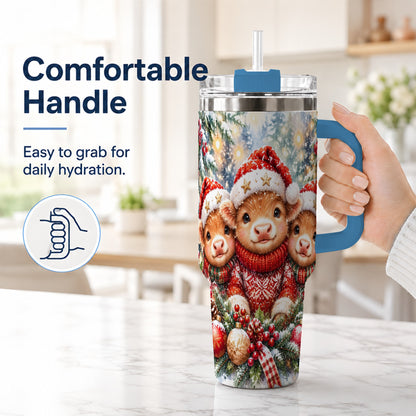 #pl[40oz|Blue] Christmas Cow Trio 40oz Tumbler with Handle, Festive Travel Cup