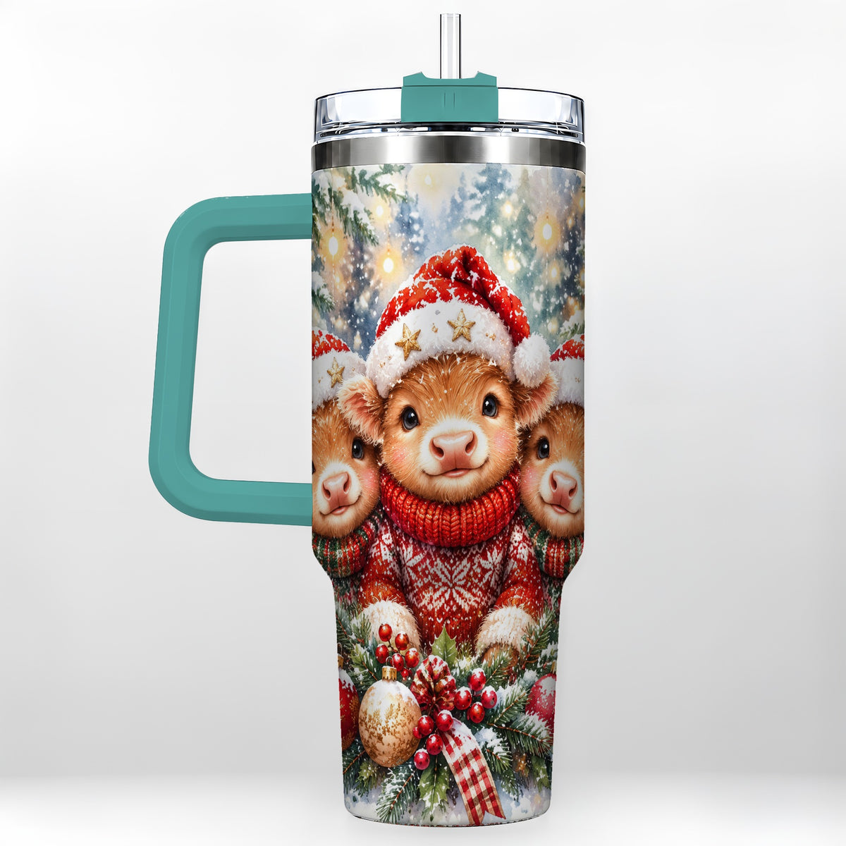 #pl[40oz|Green] Christmas Cow Trio 40oz Tumbler with Handle, Festive Travel Cup