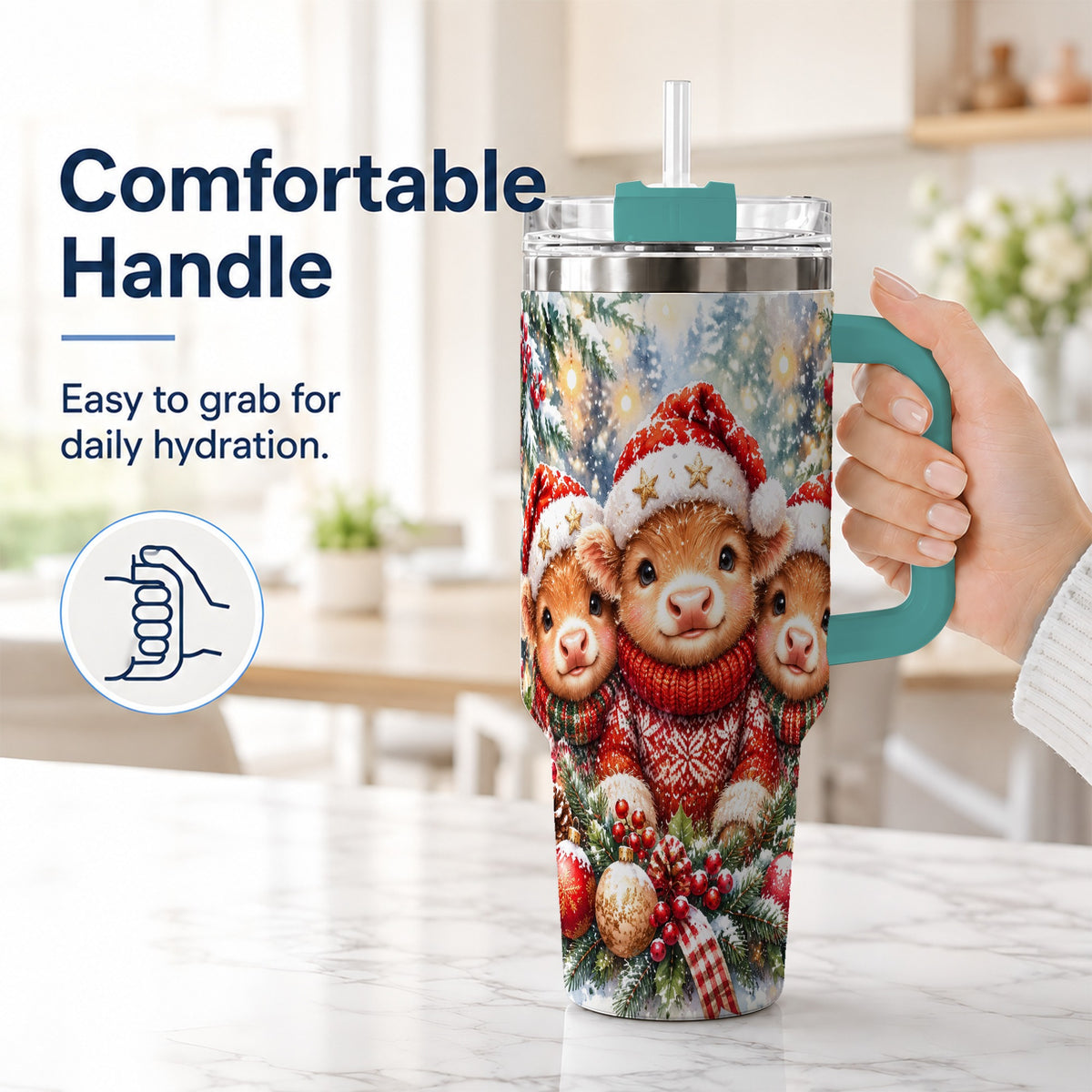 #pl[40oz|Green] Christmas Cow Trio 40oz Tumbler with Handle, Festive Travel Cup