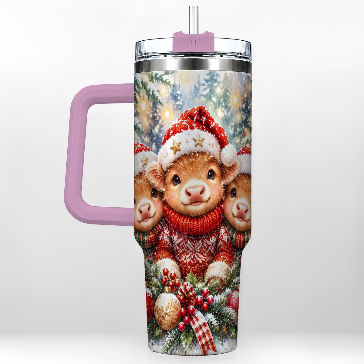 #pl[40oz|Pink] Christmas Cow Trio 40oz Tumbler with Handle, Festive Travel Cup