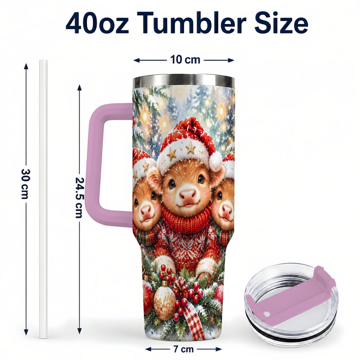 #pl[40oz|Pink] Christmas Cow Trio 40oz Tumbler with Handle, Festive Travel Cup