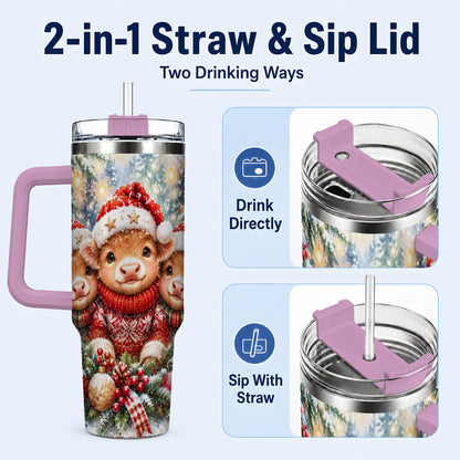 #pl[40oz|Pink] Christmas Cow Trio 40oz Tumbler with Handle, Festive Travel Cup