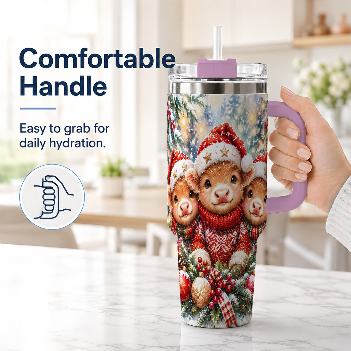 #pl[40oz|Pink] Christmas Cow Trio 40oz Tumbler with Handle, Festive Travel Cup