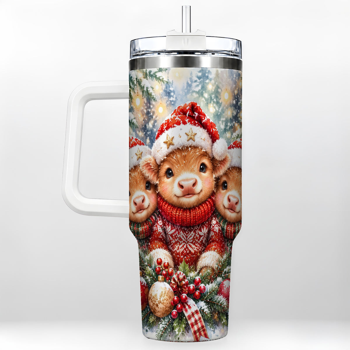 #pl[40oz|White] Christmas Cow Trio 40oz Tumbler with Handle, Festive Travel Cup