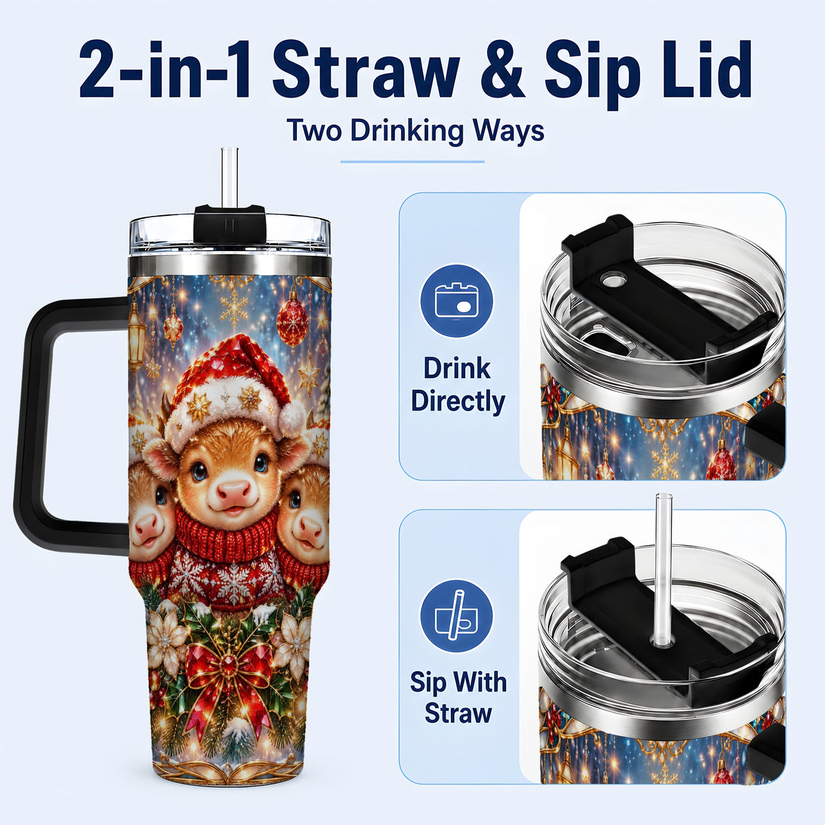 #pl[40oz|Black] Christmas Cow Trio 40oz Tumbler with Handle, Glass Style Travel Cup