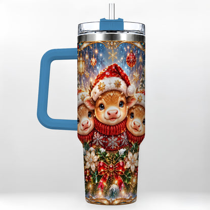 #pl[40oz|Blue] Christmas Cow Trio 40oz Tumbler with Handle, Glass Style Travel Cup