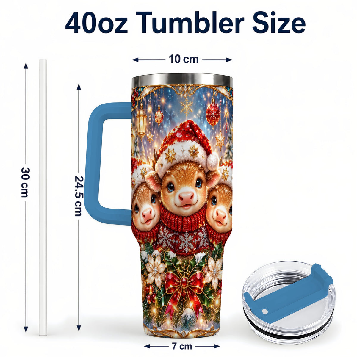 #pl[40oz|Blue] Christmas Cow Trio 40oz Tumbler with Handle, Glass Style Travel Cup