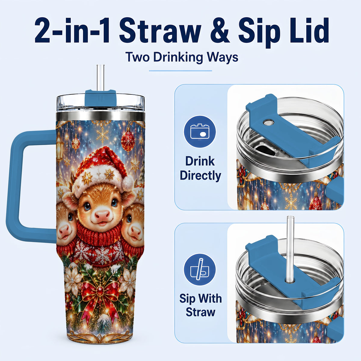 #pl[40oz|Blue] Christmas Cow Trio 40oz Tumbler with Handle, Glass Style Travel Cup