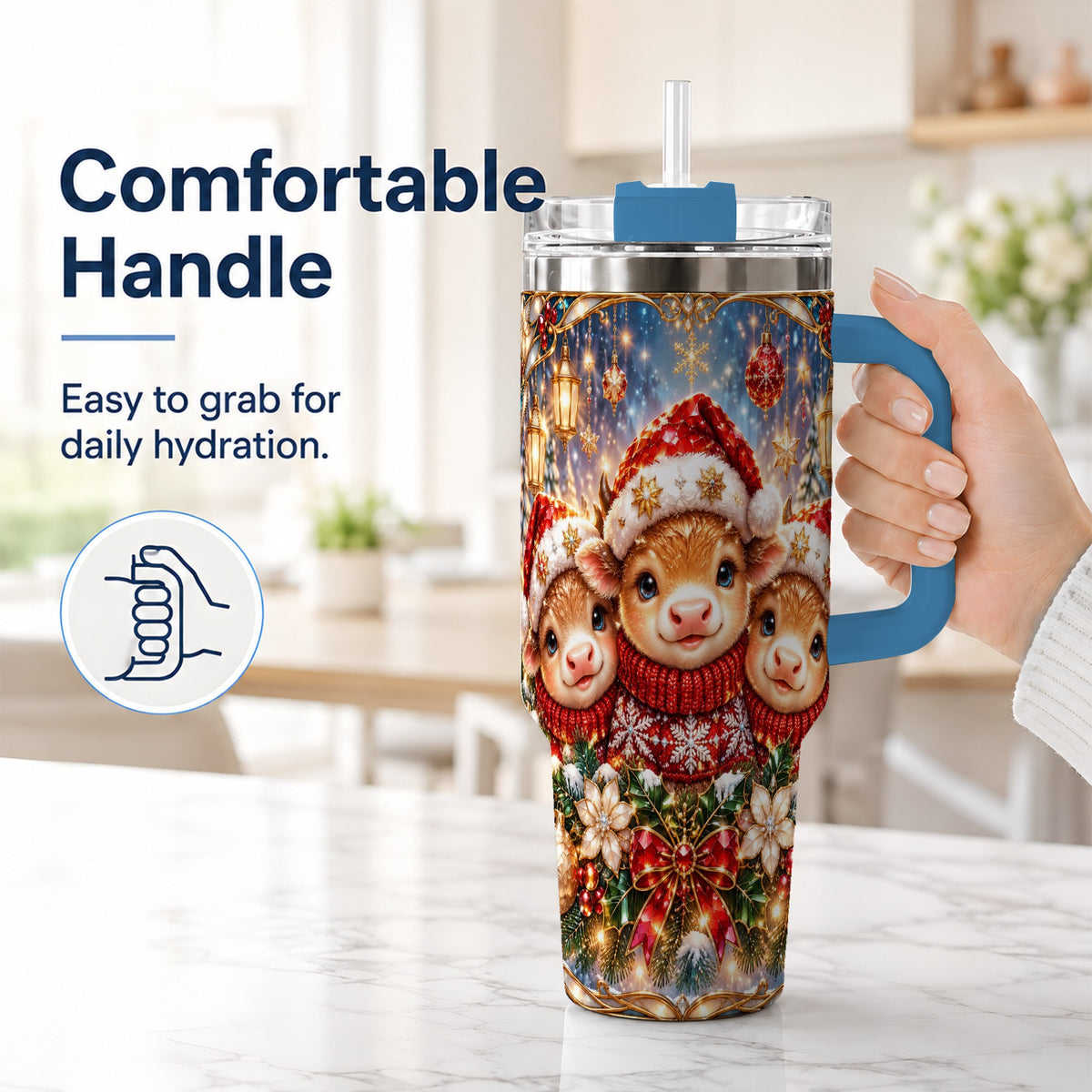#pl[40oz|Blue] Christmas Cow Trio 40oz Tumbler with Handle, Glass Style Travel Cup