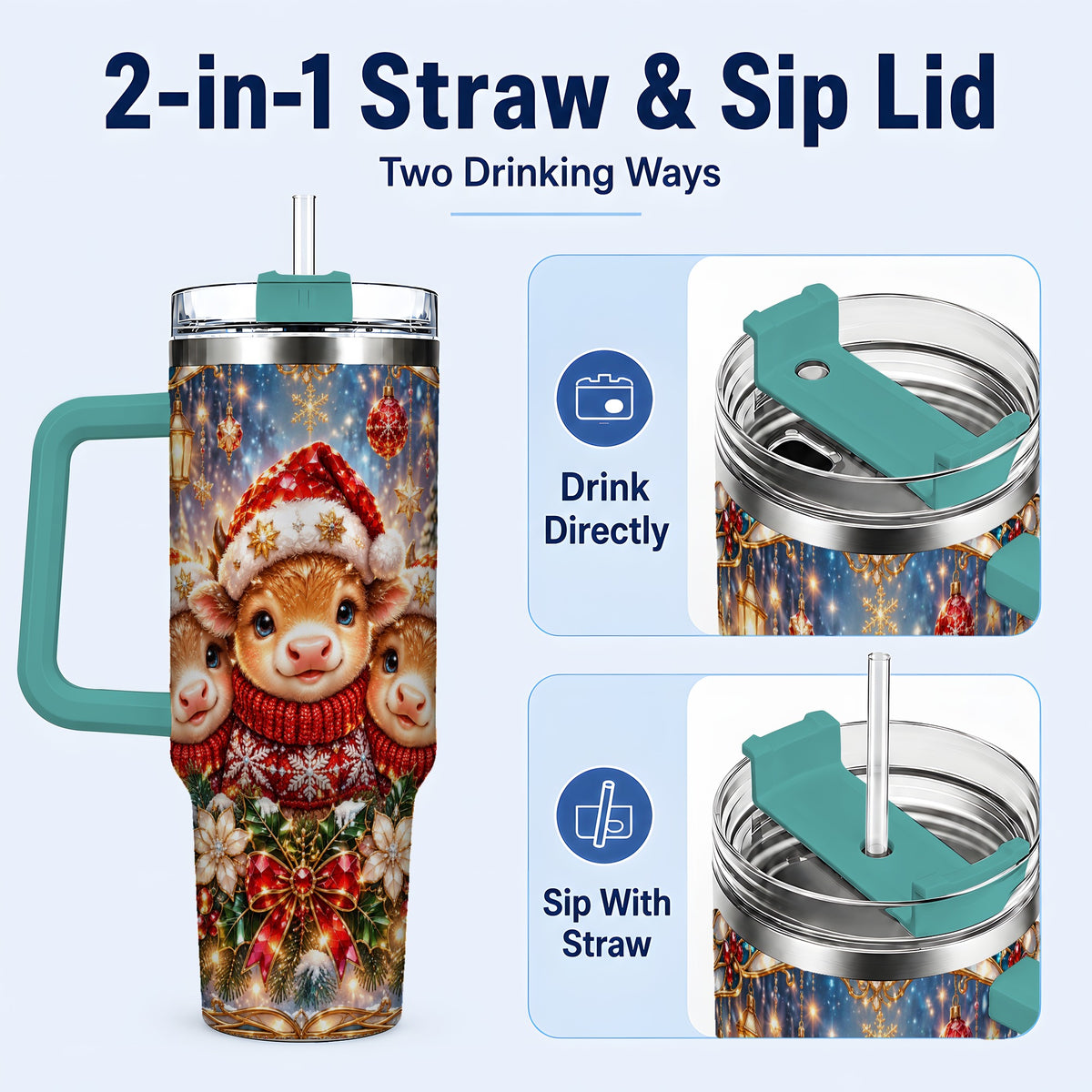 #pl[40oz|Green] Christmas Cow Trio 40oz Tumbler with Handle, Glass Style Travel Cup