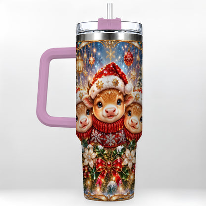 #pl[40oz|Pink] Christmas Cow Trio 40oz Tumbler with Handle, Glass Style Travel Cup