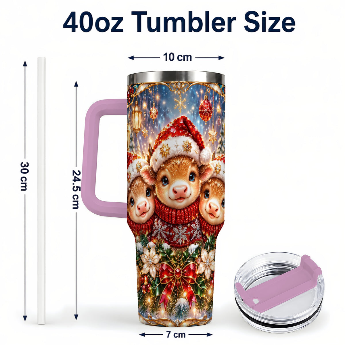 #pl[40oz|Pink] Christmas Cow Trio 40oz Tumbler with Handle, Glass Style Travel Cup