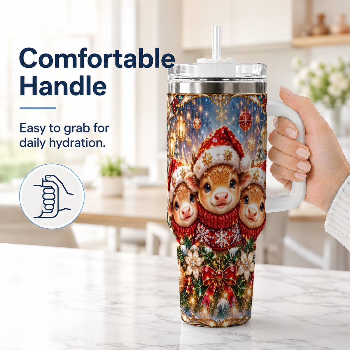 #pl[40oz|White] Christmas Cow Trio 40oz Tumbler with Handle, Glass Style Travel Cup
