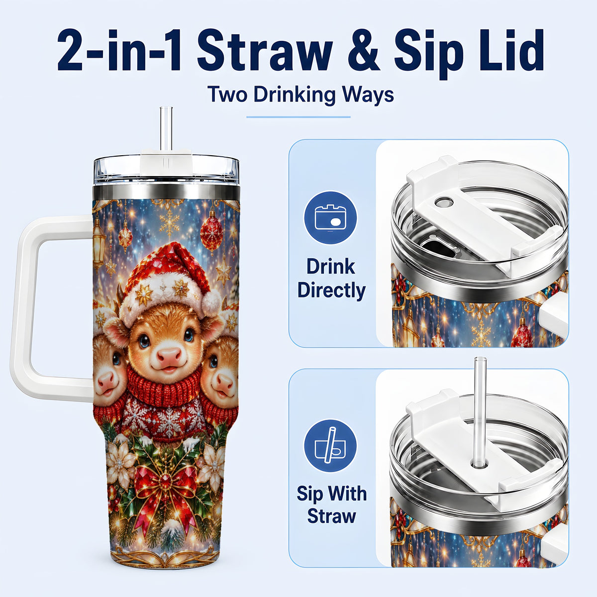 #pl[40oz|White] Christmas Cow Trio 40oz Tumbler with Handle, Glass Style Travel Cup