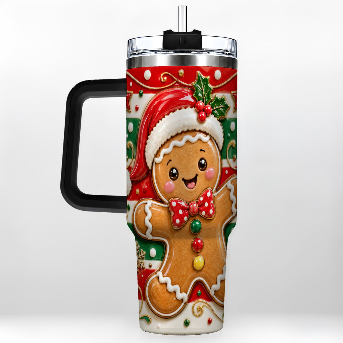 #pl[40oz|Black] Gingerbread Christmas 40oz Tumbler with Handle, Holiday Travel Cup