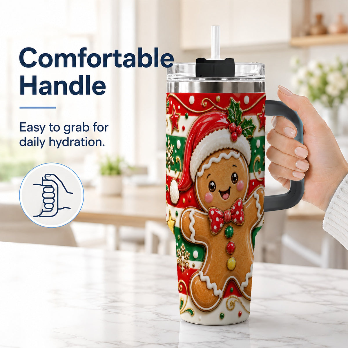 #pl[40oz|Black] Gingerbread Christmas 40oz Tumbler with Handle, Holiday Travel Cup