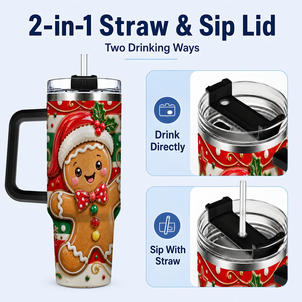 #pl[40oz|Black] Gingerbread Christmas 40oz Tumbler with Handle, Holiday Travel Cup