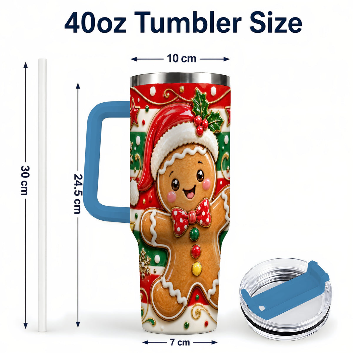 #pl[40oz|Blue] Gingerbread Christmas 40oz Tumbler with Handle, Holiday Travel Cup