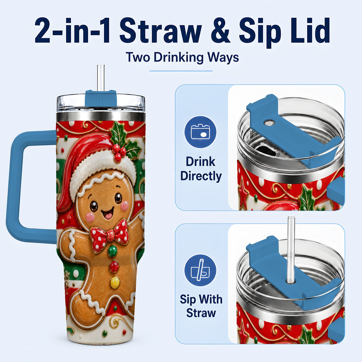 #pl[40oz|Blue] Gingerbread Christmas 40oz Tumbler with Handle, Holiday Travel Cup