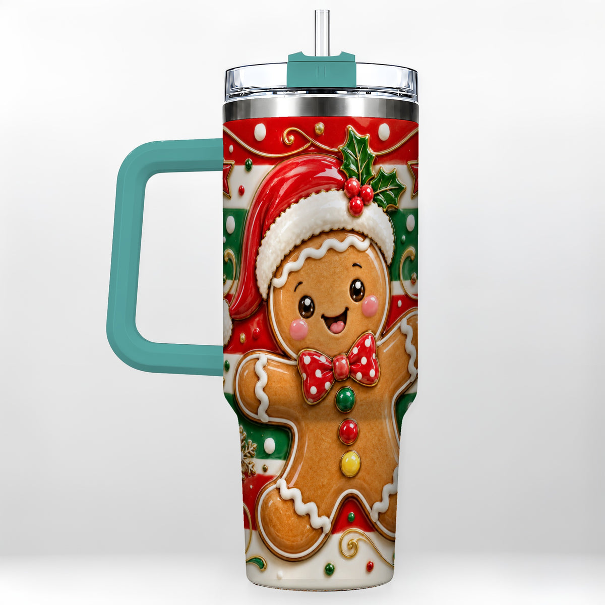 #pl[40oz|Green] Gingerbread Christmas 40oz Tumbler with Handle, Holiday Travel Cup