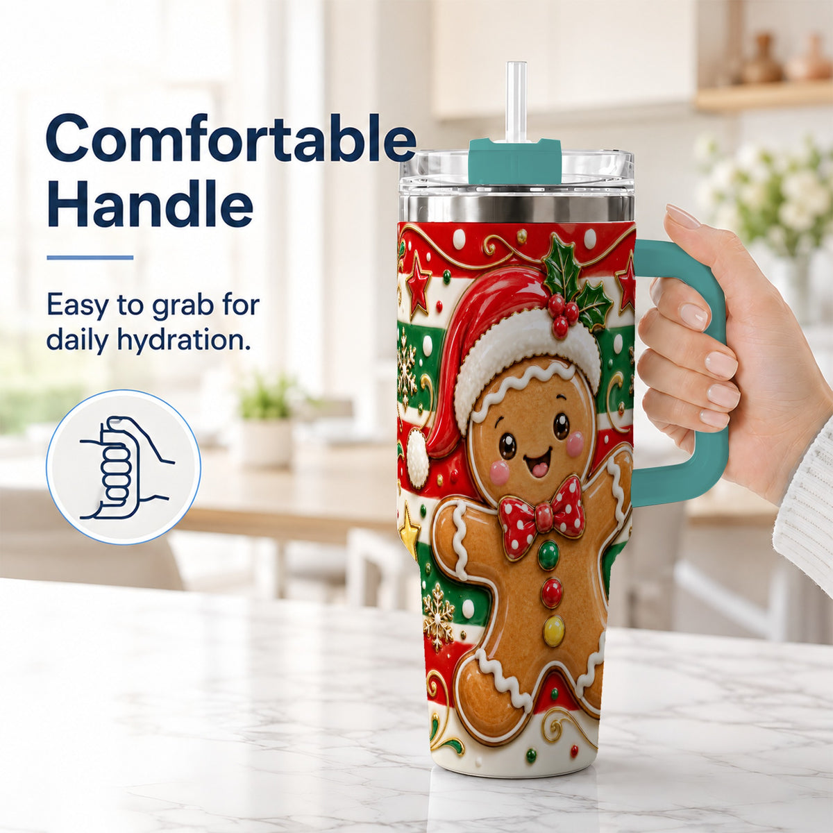 #pl[40oz|Green] Gingerbread Christmas 40oz Tumbler with Handle, Holiday Travel Cup
