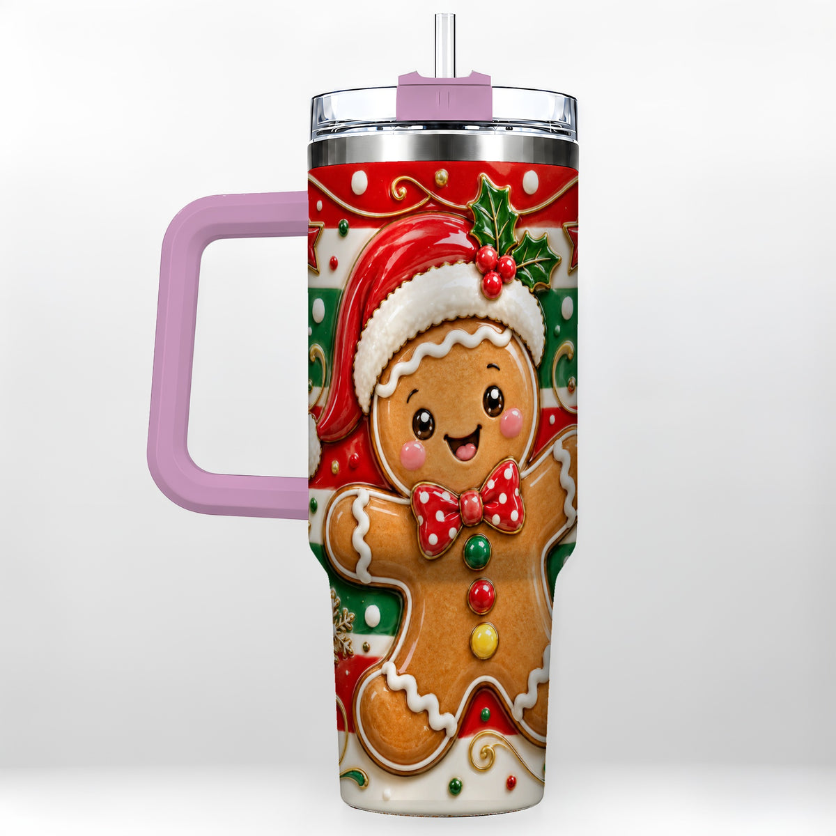#pl[40oz|Pink] Gingerbread Christmas 40oz Tumbler with Handle, Holiday Travel Cup