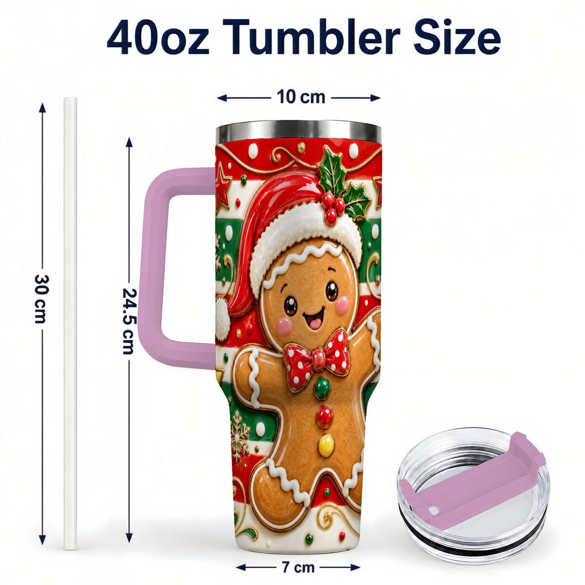 #pl[40oz|Pink] Gingerbread Christmas 40oz Tumbler with Handle, Holiday Travel Cup