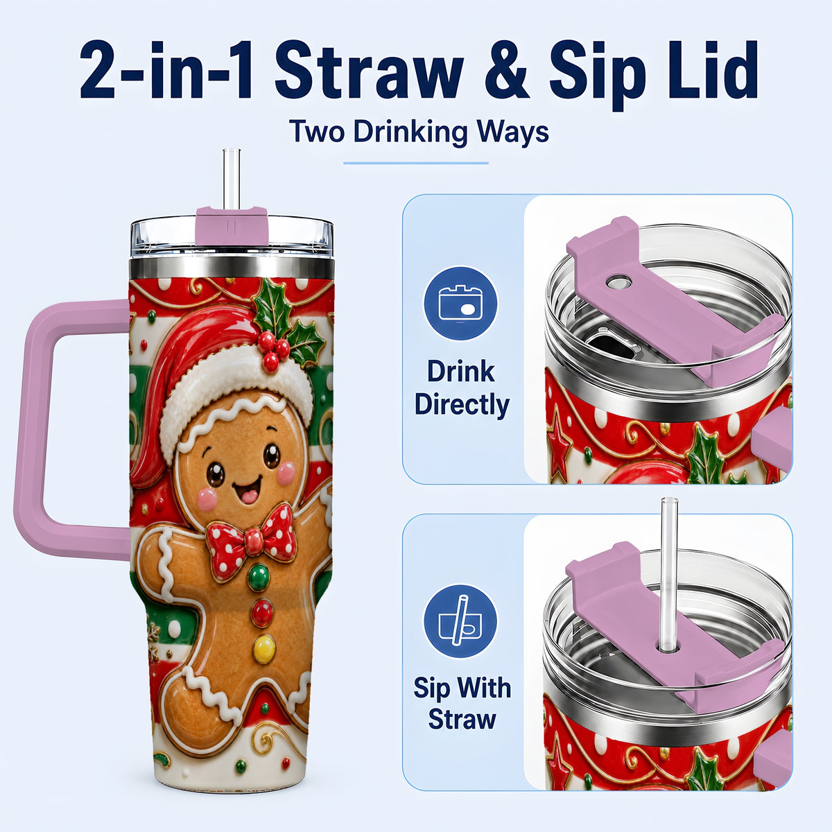 #pl[40oz|Pink] Gingerbread Christmas 40oz Tumbler with Handle, Holiday Travel Cup