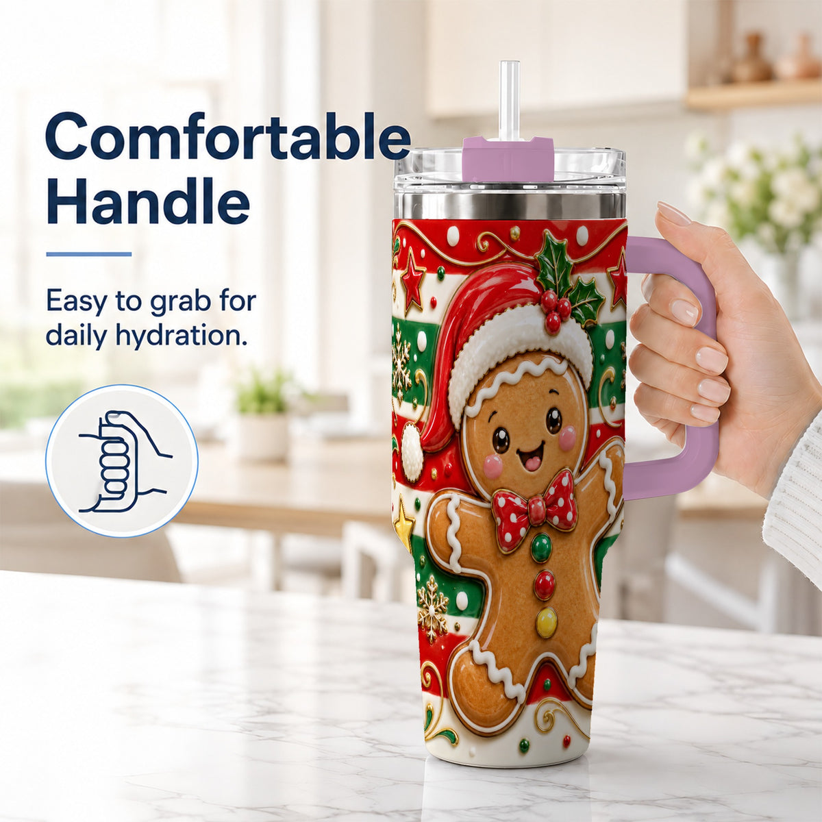 #pl[40oz|Pink] Gingerbread Christmas 40oz Tumbler with Handle, Holiday Travel Cup