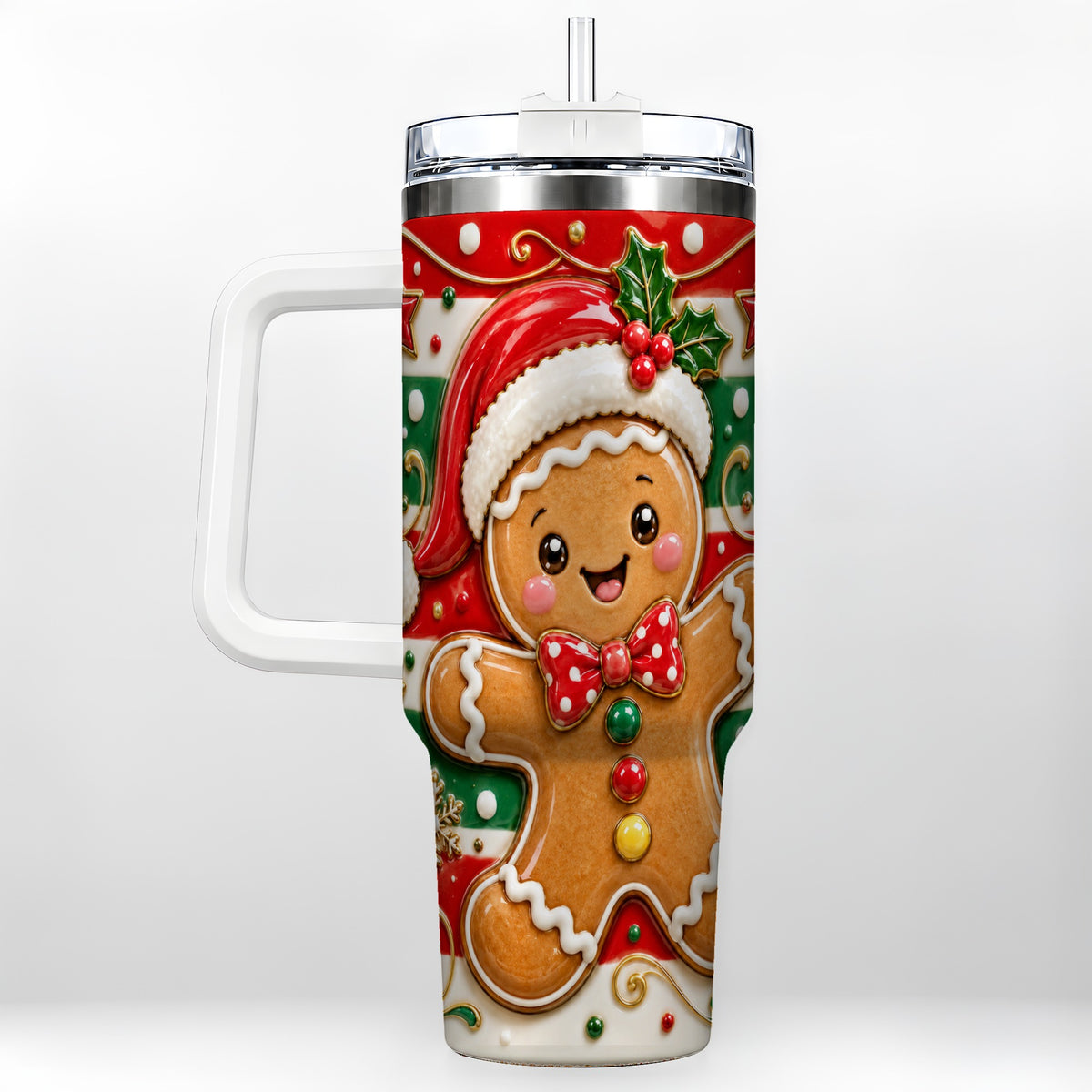 #pl[40oz|White] Gingerbread Christmas 40oz Tumbler with Handle, Holiday Travel Cup
